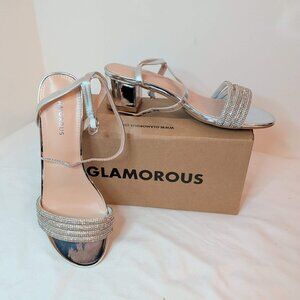 ASOS Glamorous Silver Rhinestone Block Heel Sandals